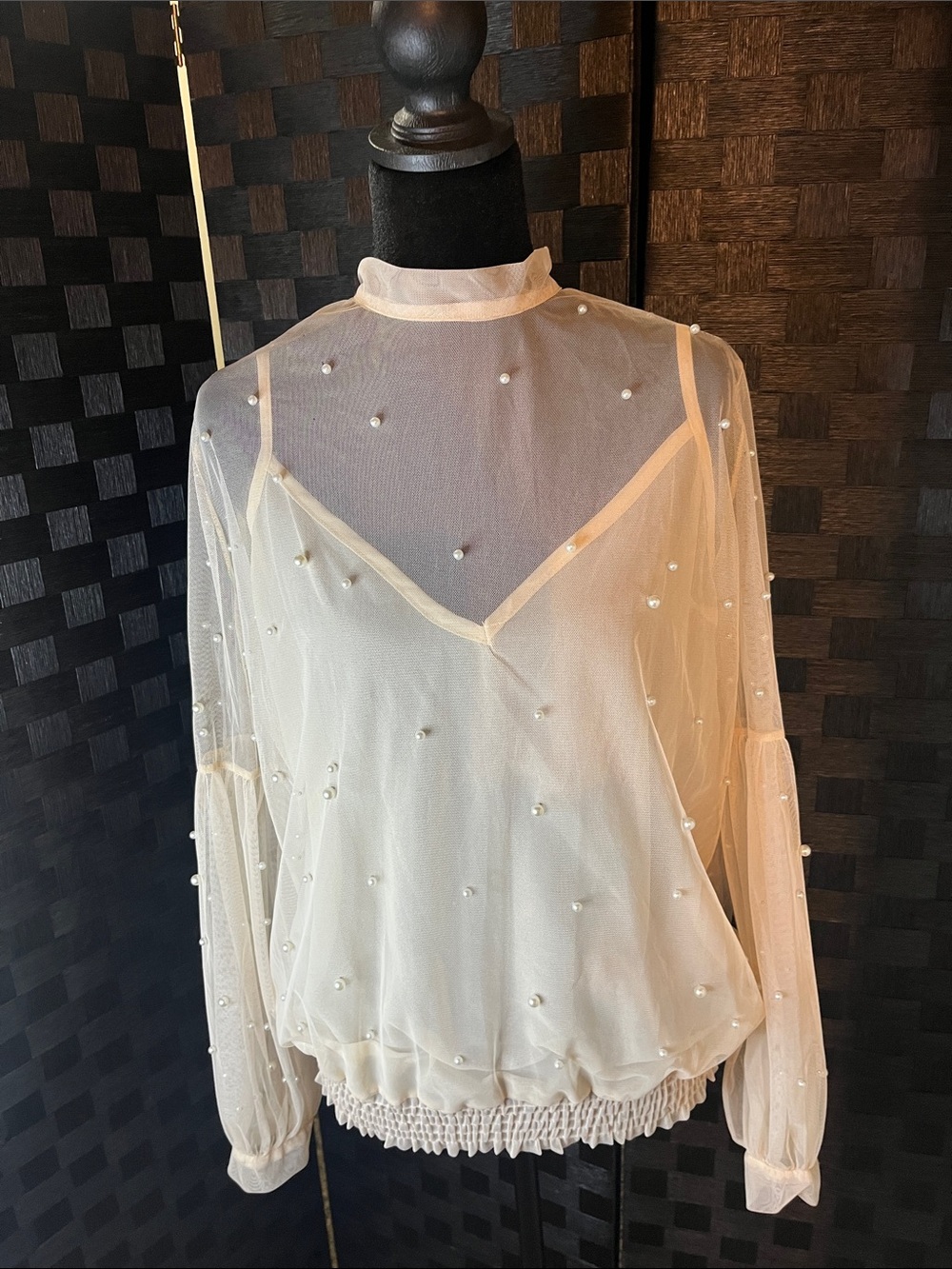 Sheer Pearl-Embellished Long Sleeve Top - Ivory